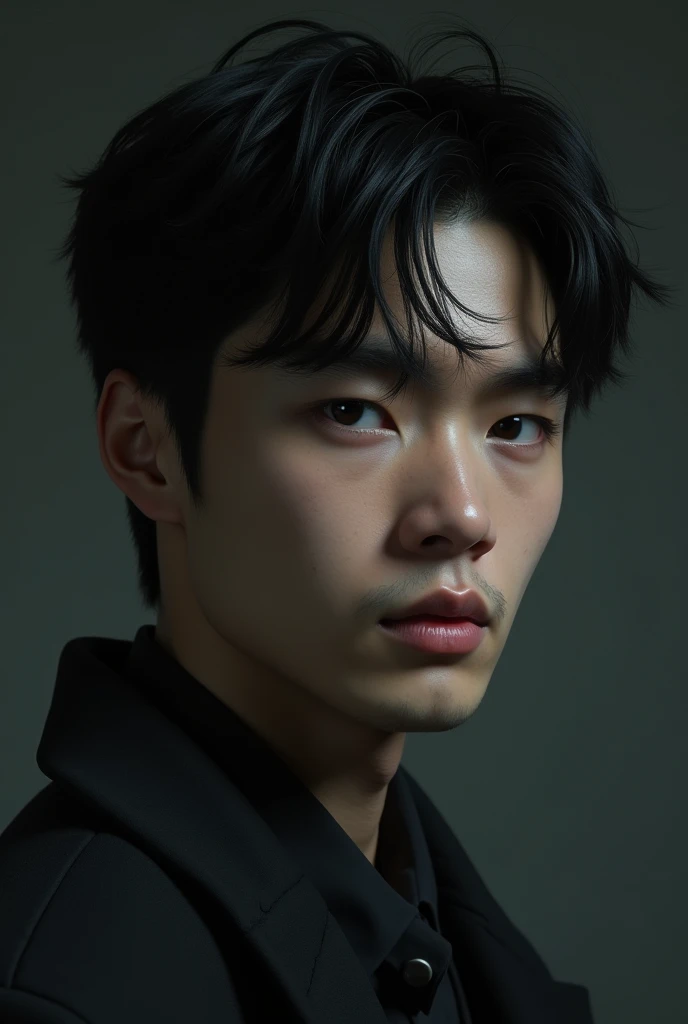 There is a young man, with Black Hair, look to the side, With a gloomy atmosphere, masterpiece, Highest quality, Realistic, 1 person, Men&#39;s Center, good looking, [Thick eyebrows], Portraiture, Highly detailed face, Black Hair, (short hair)