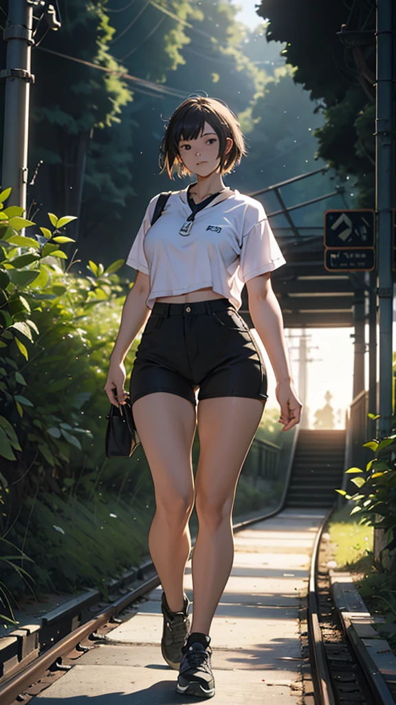 A young woman is walking on the train tracks in the middle of the forest. She is wearing short sexy clothes. Her hips are big. It is evening and it is sunny.