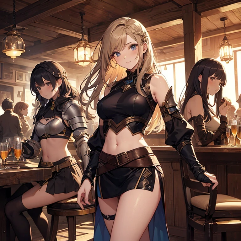 A group of female medieval fantasy adventurers, (in tavern), various hair styles, harem, night, details face, short skirt, seducing, sleeveless, armor, midriff