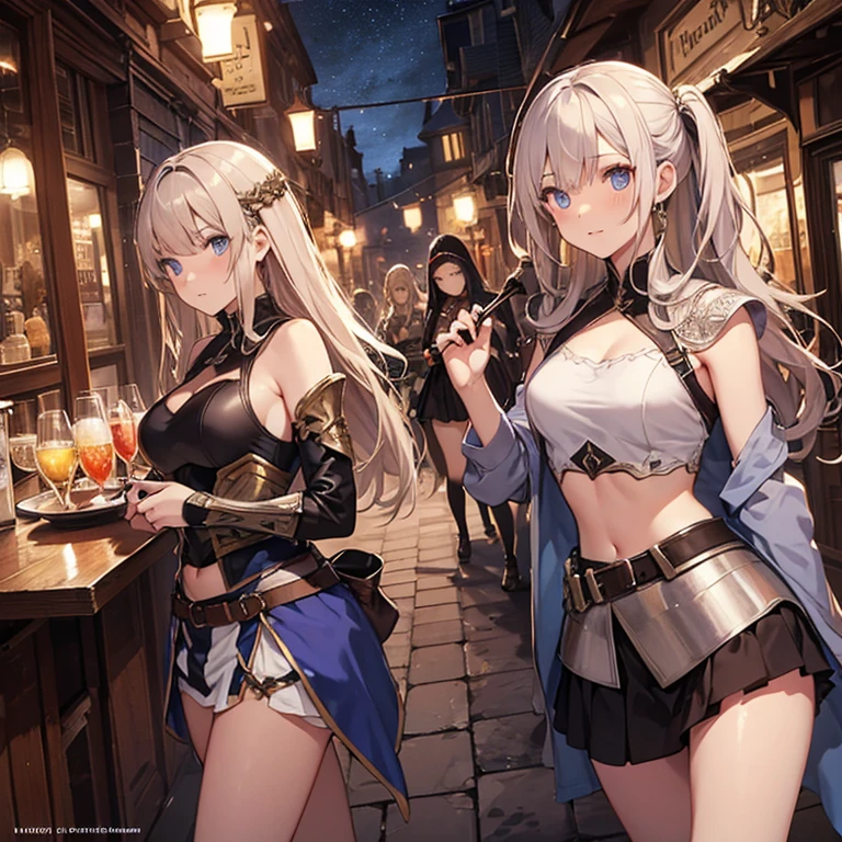 A group of female medieval fantasy adventurers, (in tavern), various hair styles, harem, night, details face, short skirt, seducing, sleeveless, armor, midriff