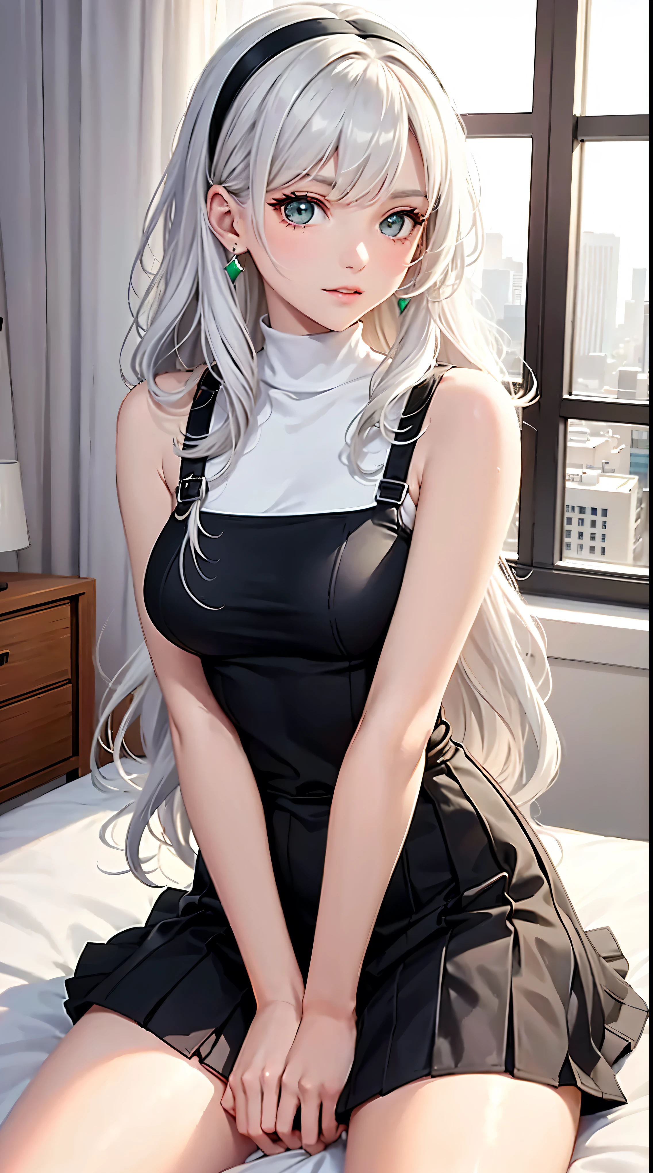 Character Details:, - Gender: 1 Girl.
- Style: Anime, - Body Type: Attractive body, nice body, nice legs, slim tights, nice arms, nice shoulders. - Breast: (medium Breast:1.2)- Facial Feature: Beautiful, Gorgeous, Teenager, Fresh, Young.
- Expression: Small smile, Confident Look, emerald green eyes. - Hairstyle: Blunt Bangs. - Hair Color: (White Grey Hair:1.5), (Straight and Wavy Long Hair:1.3),
- Clothing: (Girly White Sweater, Open Sleeves, Can see shoulder, Girly White and Black Skirt:1.6, Girly Stocking.). - Body Pose: (Sitting on bed:1.3), (Hands down).. - Behaviour: Waiting, Want Something, Secretly.
- Accessories: Earrings, thin Black Headband, Green Hair Accessories, Environmental Details:, - Setting: Bed Room., - Lighting: Natural Light., - Decoration: Modern Bed, Chair, Window, White Curtain, City View. Top view. pov, anime style, UHD, retina, masterpiece, accurate, anatomically correct, textured skin. One Hand on cheek, one hand down.