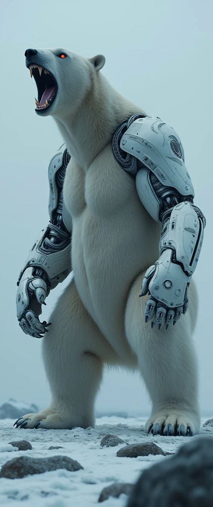 An ultra-realistic, highly detailed image of a polar bear with parts of its body made of mechanical and robotic components. Half of its head is robotic, with a glowing red eye. The bear is standing alone in the dark, surrounded by thick fog in the Arctic. It is looking directly at the camera and roaring, its menacing expression highlighted by the contrast of organic and mechanical elements. The scene is shot as a full-body image with a 9:21 aspect ratio, capturing the eerie, isolated atmosphere