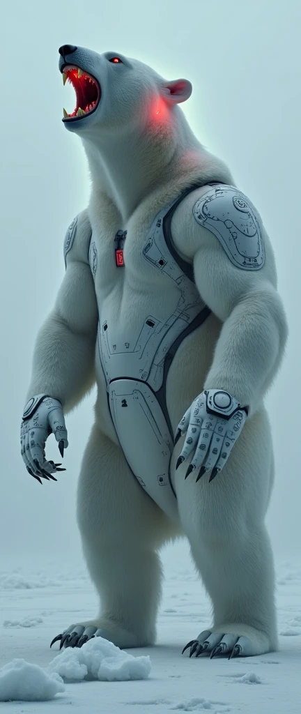 An ultra-realistic, highly detailed image of a polar bear with parts of its body made of mechanical and robotic components. Half of its head is robotic, with a glowing red eye. The bear is standing alone in the dark, surrounded by thick fog in the Arctic. It is looking directly at the camera and roaring, its menacing expression highlighted by the contrast of organic and mechanical elements. The scene is shot as a full-body image with a 9:21 aspect ratio, capturing the eerie, isolated atmosphere