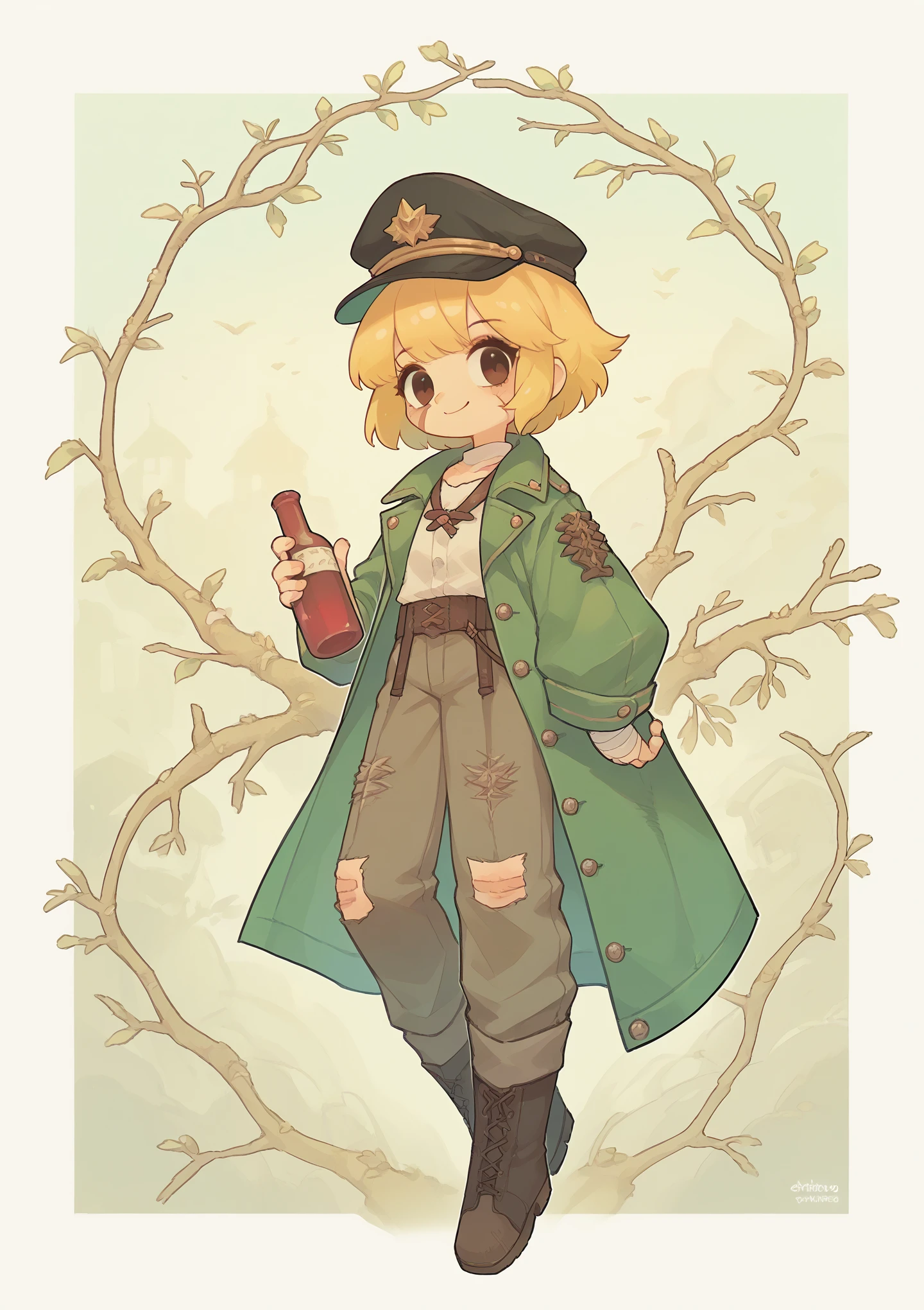 1 Girl,Scars on the face,Golden spiky short hair,Spiky bangs,Green tattered long coat,trousers,Wine Bottle,Smile,bandage,Branches,boots,Peaked Cap
