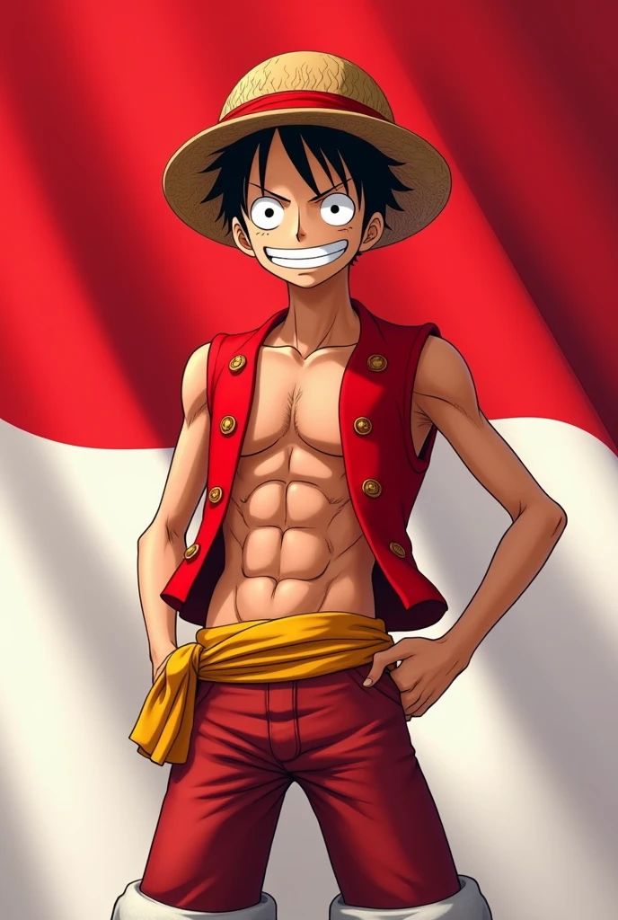 (photorealism:1.2), monkey d-luffy, red and white clothes, Indonesian flag.