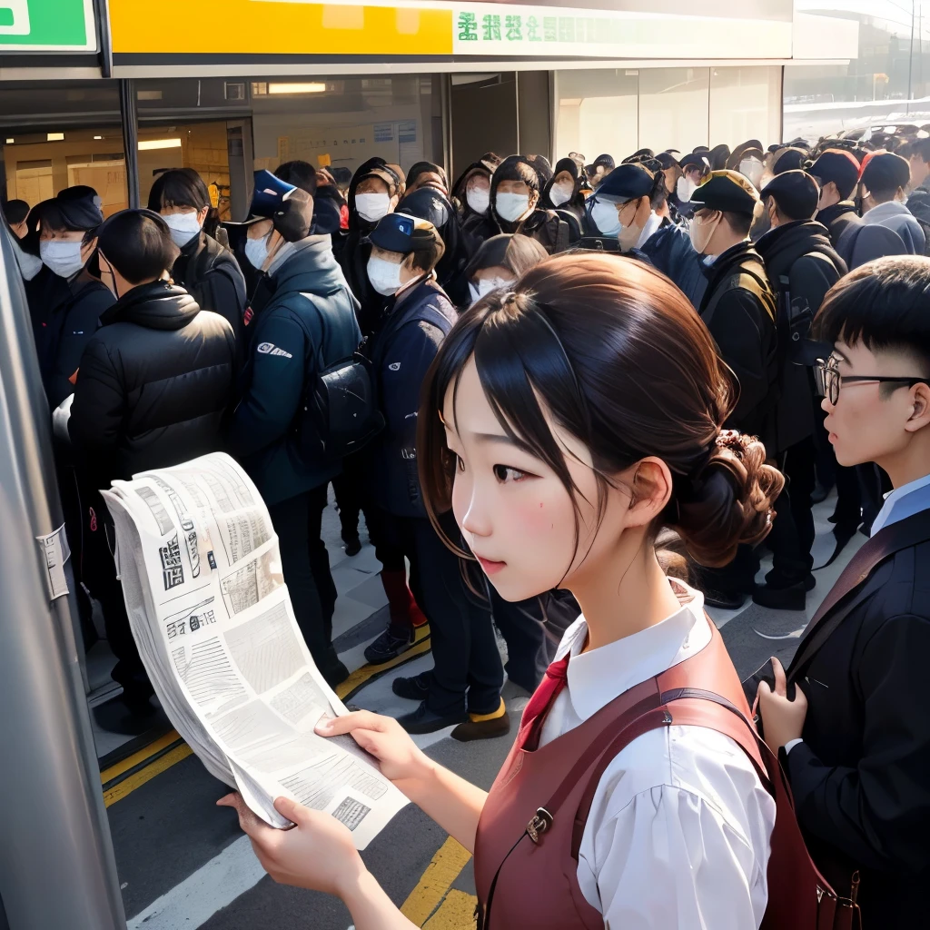 people々They are queuing up in front of the station to get an extra edition newspaper., News outside、Delivery、crowd、Young