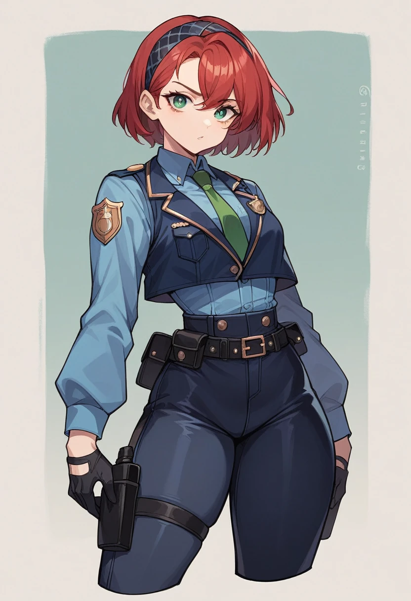 (masterpiece), best quality, expressive eyes, perfect face, 1girl, metal hairband, police uniform, blue jacket, cropped jacket, long sleeves, black vest, two-tone vest, black gloves, green necktie, plaid necktie, black pants, high-waist pants, belt, thigh straps, knee pads, holster, tight pants, blue footwear, black hair, red hair, big butt