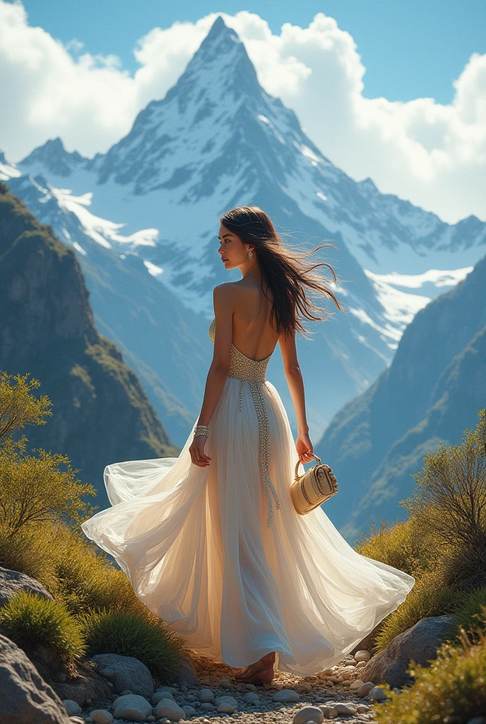 A girl in full dress with bag in mountain 