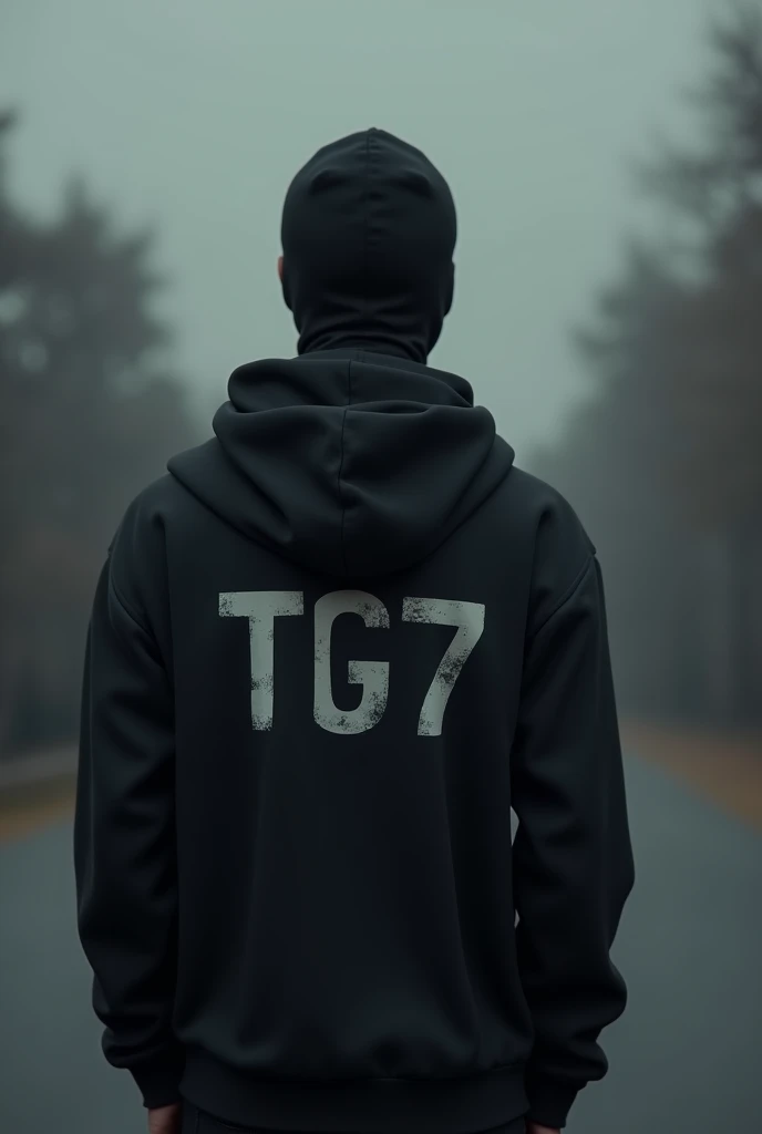 A young man with his back turned, wearing a black hooded sweatshirt and a balaclava.,The blouse says TG7.