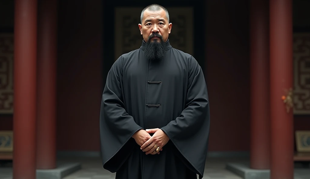 1 Middle- boys, Chinese，full body version, blue eyes, Buzz cut, Black, bushy goatee，Black hair, Very serious expression, Priest Image， Black robe, Standing with hands behind back, facing forward, Noble Academy Scene