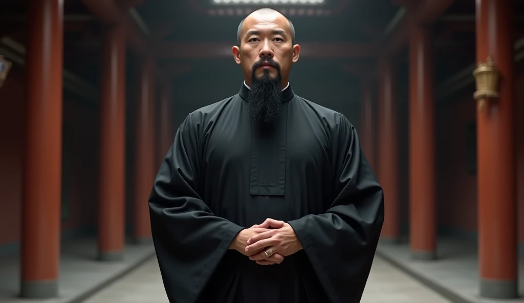 1 Middle-aged boys, Chinese,full body version, blue eyes, Buzz cut, Black, bushy goatee,Black hair, Very serious expression, Priest Image, Black robe, Standing with hands behind back, facing forward, Noble Academy Scene