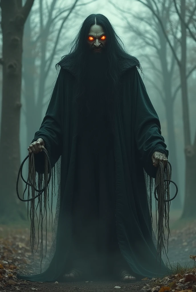 such an ugly man, it was scary just to look at him. He had a beard as black as a scrawl of ink, and so long that it fell from his chin to the ground: suffice it to say that, when he walked, he stepped on it with his feet. His mouth was as wide as an oven, his eyes looked like two lanterns of red glass, with the light lit behind, and with his hands he cracked a large whip, made of snakes and fox tails twisted together