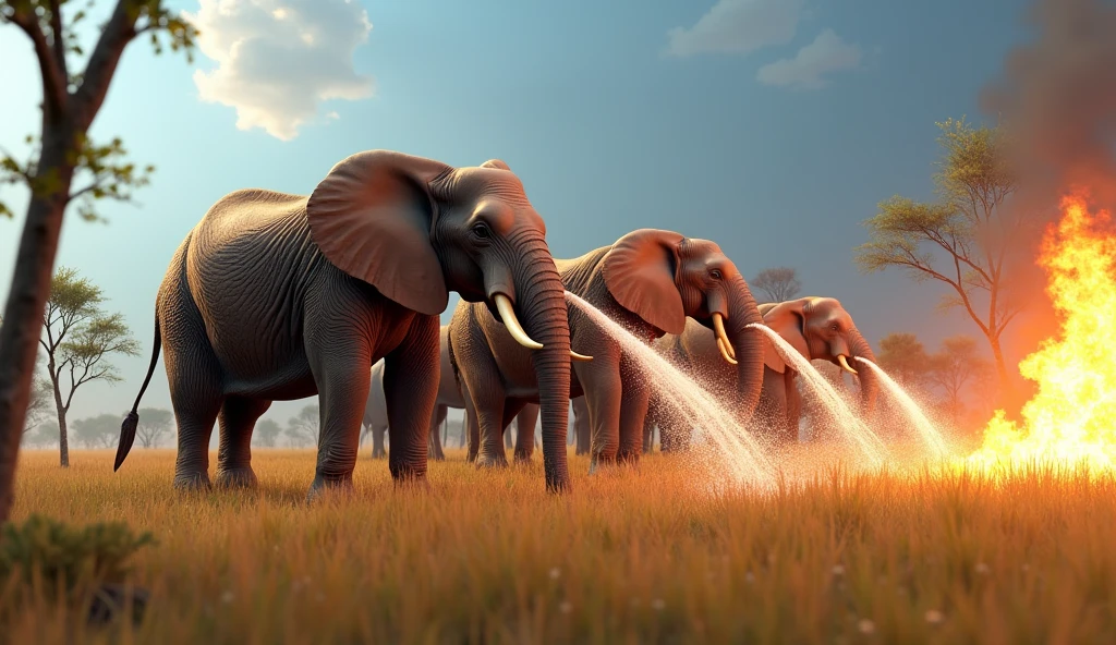 In 3d animation style " Elephants using their trunks to spray water on the spreading flames"