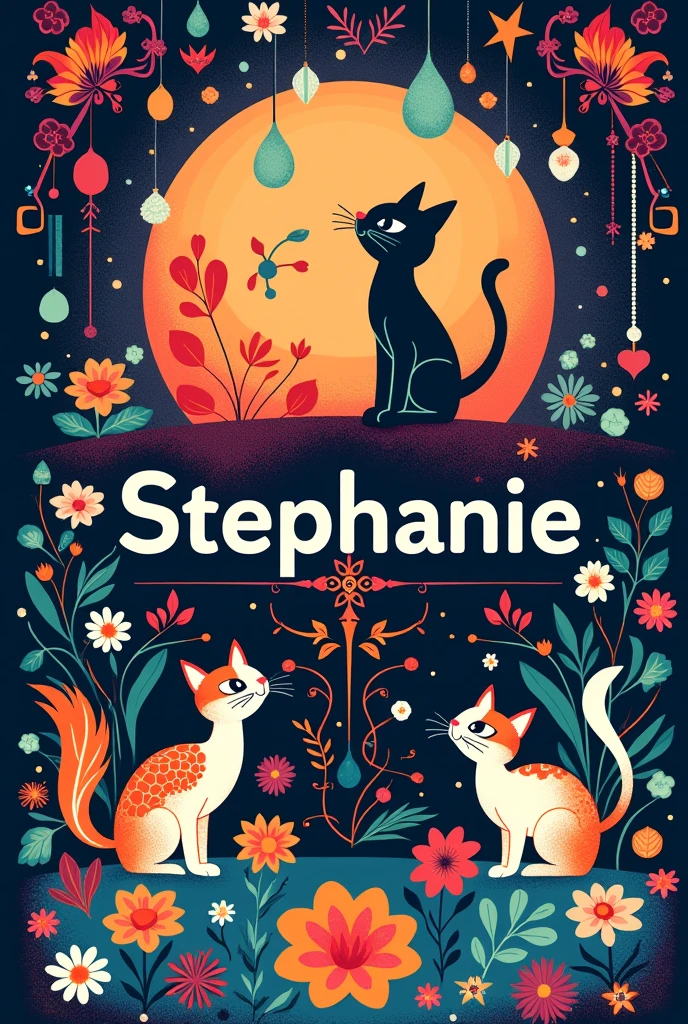 A cover where the name Stephanie is in the middle of the image, with striking designs around it, featuring small phoenix designs., marbles, flowers and cats