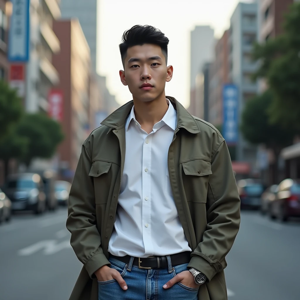 A Korean man standing in a street white shirt jeans pant and jacket, buzz cut, very Short hair, 1 inch hair, short Comma hairstyle
