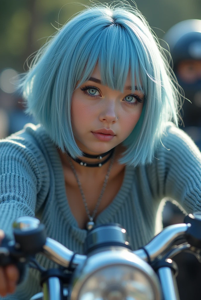 (Highest quality, 8k, 32K, masterpiece, Ultra-high resolution:1.2),Cute 18-year-old American woman image, Large Breasts, Very short bob hair,Upper Body,Face Focus,(Extra Large_sweater,:1.1) necklace, background, View your viewers, Leaning forward, (((Silver streaks in blue hair))), (((Bright light blue eyes))) (((Award-winning details)) ((Avatar makeup and pop star clothing))),Riding a motorcycle