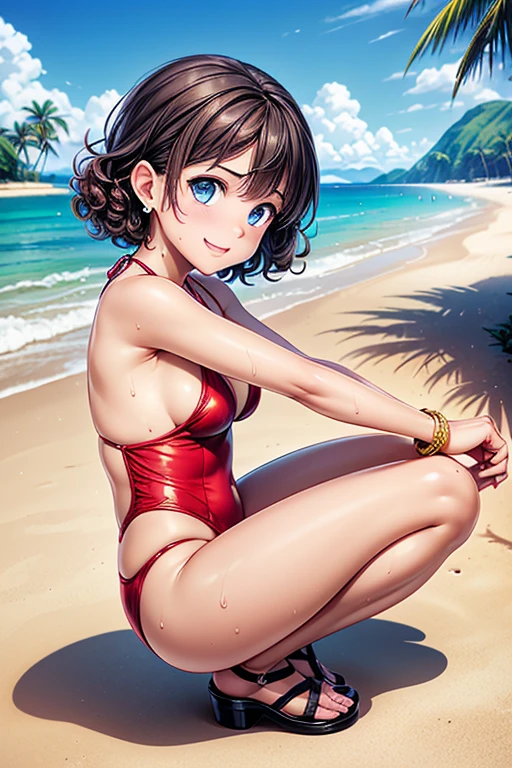 #Basic
A girl posing for a photo, (((One Girl))), (((Baby Face:1.4)) + ((cute:1.4)) + (())),
break
#Clothing Accessories
((Red Monokini:1.4) : belly button + Side cut) + white high heel sandals,
(Gold Hoop Earrings), (gold fancy bracelet), (A necklace studded with many precious stones),
break
#Features
((Black Hair:1.2)) + ((Pixie Cut Hair) : Very short hair:1.4 + Curly hair + Outer bounce + Disheveled Hair:1.4),
((drooping eyes:1.4, Big eyes:1.2), blue eyes), (Small breasts + Flat chest), (中性的な顔のFeatures),
((sensuous:1.5)),
break
#background environment
((noon, (Sunny tropical beach:1.1), ((blue sky)))),
#Facial Expression Pose
((blush:1.2, smile, Open your mouth:1.3)), ((Squatting pose with both feet on the ground、Arms spread wide to the sides, Sweating in the body)),
#composition
((To the camera), (Side angle), (Character Focus), (Cowboy Shot)),
break
#Body parts elements
(Slim figure),
(Symmetrical facial features),
(Detailed Hair, Beautiful Hair, Shiny Hair),
(double eyelid, Long eyelashes, Thin eyebrows:0.5, Thin eyebrows:0.5),
(Expression of fine eyes, Beautiful and delicate eyes, Sparkling eyes, Eye Reflexes, Glitter Eyeliner),
(Human Ear),
(Beautiful Nose, Thin Nose),
(Glossy Lips, Beautiful Lips, Thick lips),
(Detailed skin, Textured skin, Beautiful Skin, Oily skin),
break
#quality
(((最高quality)), ((masterpiece:1.3)), ((Very detailed))), ((Ultra-high resolution)), ((16K)), ((1080P)), ((Full HD)),
((Anatomically correct)), ((Realistic)), (3DCG), ((Oil painting)),
((comics, anime)), (CG illustration), (RAW Photos),