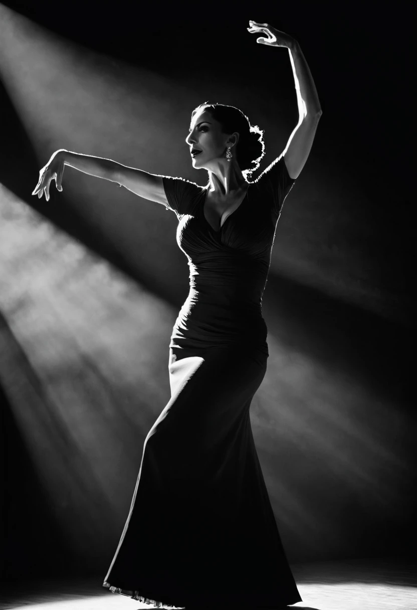 Spain in the 1930s, a beautiful mature woman in her forties, slim but with large breasts, she is a flamenco dancer, dancing vigorously on stage, her long black hair tied up, photo noir, strong shadows, black and white, capturing the dynamism of the dance and her heat in detail, professional camera, professional lighting.