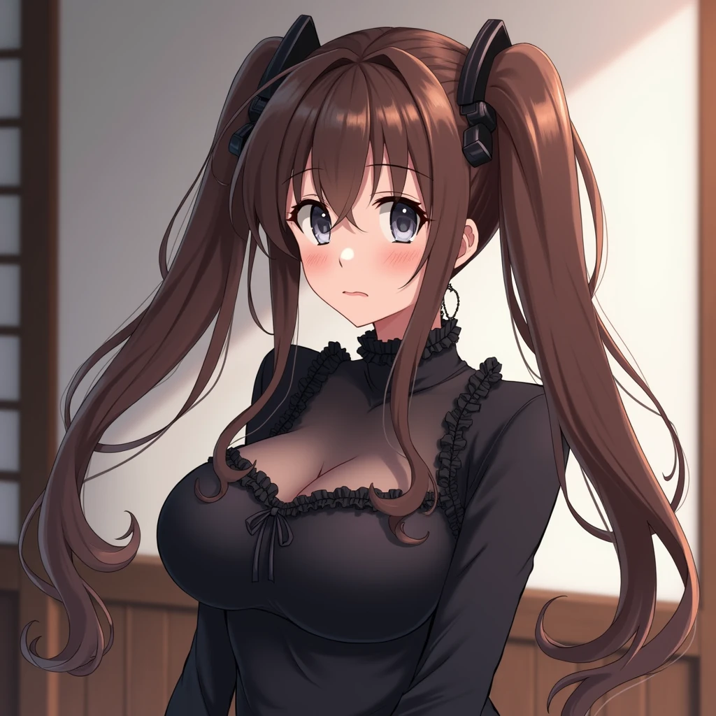 Brown Hair　Permanent twin tails
Parallel eyes with gray pupils
Mature-looking
Large breasts
Dark clothes with frills, cute
Quiet
Japanese anime-style