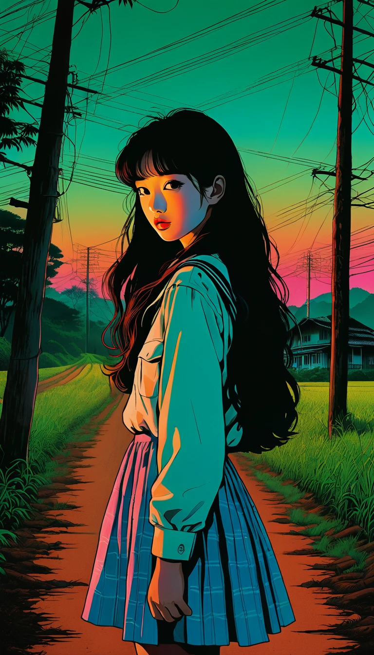 An illustration、art、80s Thai horror movie poster, Supervised by Junji Ito、(high school student:1.2)、countryside、evening、Attention to detail, Realistic Shadows、Analog Style, chromatic aberration, Surrealism、Complementary Gradient