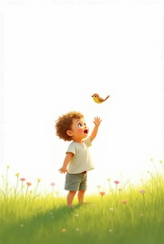 white background,cute ,rais his hand,standing on grass,seeing little bird flying at first time