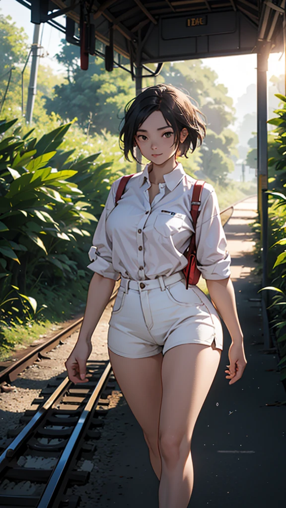 A young woman is walking on the train tracks in the middle of the forest. She is wearing short sexy clothes. Her hips are big. It is evening and it is sunny.
