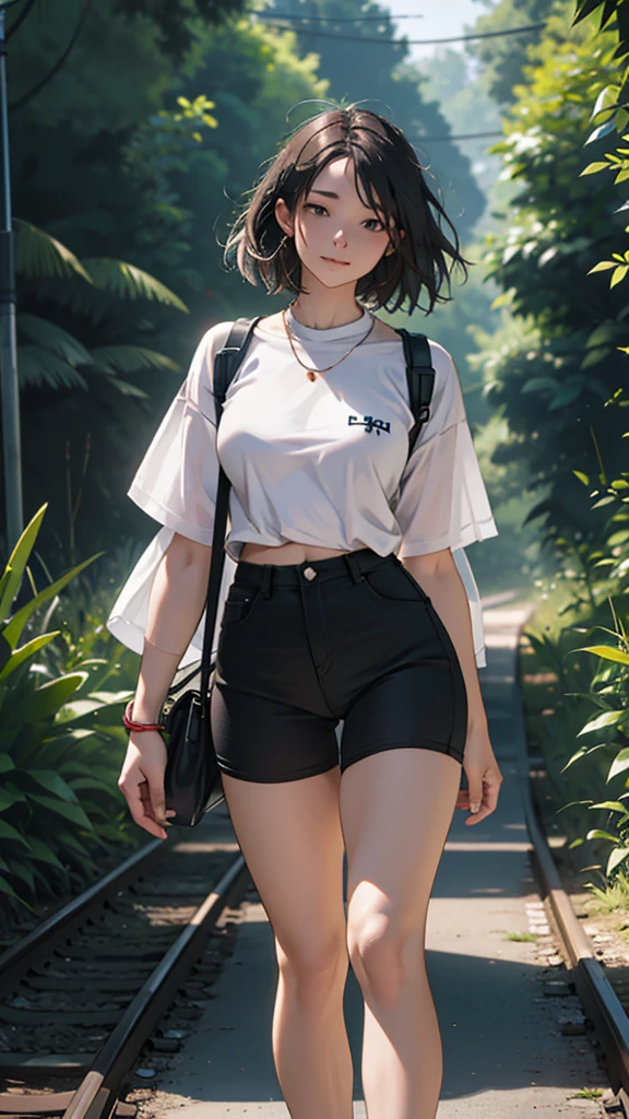 A young woman is walking on the train tracks in the middle of the forest. She is wearing short sexy clothes. Her hips are big. It is evening and it is sunny.