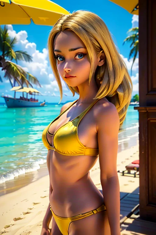 (8k, raw photo, Best Quality, masterpiece:1.2), (intricate details), High resolution, Perfect eyes, perfect face, perfect lighting, beautiful, (masterpiece:1.2), (Best Quality:1.2), 1 girl, Alone, Zoe, sensual, yellow bikini, on the beach
