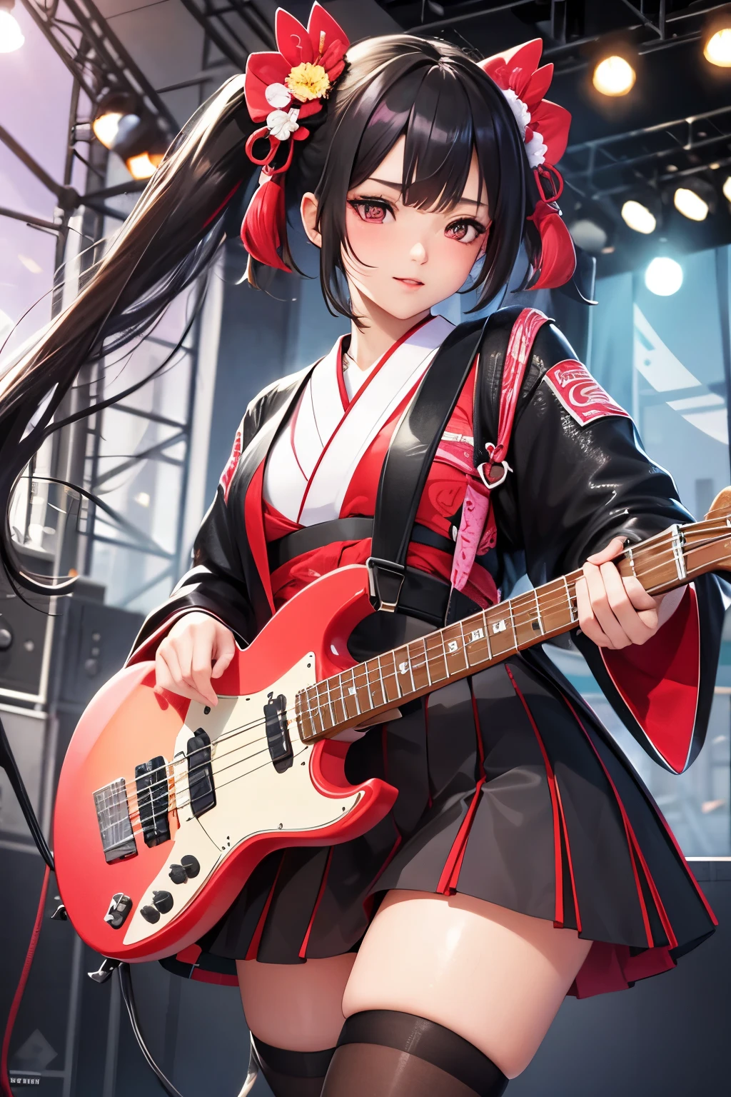 masterpiece, best quality, highly detailed, high resolution, expensive resolution, high resolution, 4k, 8k, Unity 8k wallpaper, highly detailed CG, masterpiece, 2d, 3d, beautiful details, depth, fine texture, best quality: 1.3, perfect focus, crispy skin, he, very cute anime girl, beautiful and cute girl in band playing bass guitar and singing in band wearing Japanese fancy patterned haori hakama on outdoor stage, full body, expensive black hair with pink inner short twin tail hair, mole under eye, looking at the viewer, expensive, blush, mole, open lips, , heart shaped choker, pink eyes, bass guitar, vocals, stage, outdoor festival stage