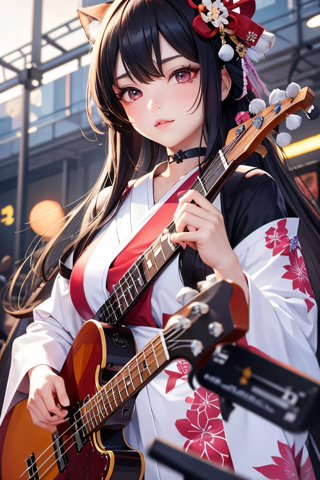 masterpiece, best quality, highly detailed, high resolution, expensive resolution, high resolution, 4k, 8k, Unity 8k wallpaper, highly detailed CG, masterpiece, 2d, 3d, beautiful details, depth, fine texture, best quality: 1.3, perfect focus, crispy skin, he, very cute anime girl, beautiful and cute girl in band playing bass guitar and singing in band wearing Japanese fancy patterned haori hakama on outdoor stage, full body, expensive black hair with pink inner short twin tail hair, mole under eye, looking at the viewer, expensive, blush, mole, open lips, , heart shaped choker, pink eyes, bass guitar, vocals, stage, outdoor festival stage