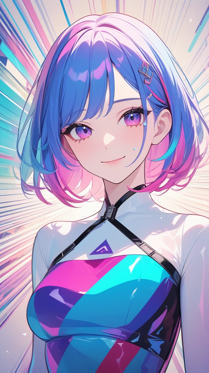 masterpiece, best quality, super wide angle, finger audience, 1girl,bodysuit ,pink and blue hair, hand, cute anime face, tears, transparent color PVC clothing, transparent color vinyl clothing, whole body, glitchlump}onface, smile,medium hair, film grain, lens flare, colorful,chromati caberration, dynamicpov, closed mouth, Intense emotional expression:death, glitchart, ultra detailed, extremely delicate and beautiful, album cover, album, album description, Pixilation on face, Double exposure, Chromatic Aberration, Light leaks, Noise and grain, Color degradation, Glitch lettering, art, abstractart, geometry, clear lines, squares, bright, limited palette,{canonical composition}, neat diagonal striped background, {{blue with white striped background}},{limited palette}, flatvcolored,blue and white,