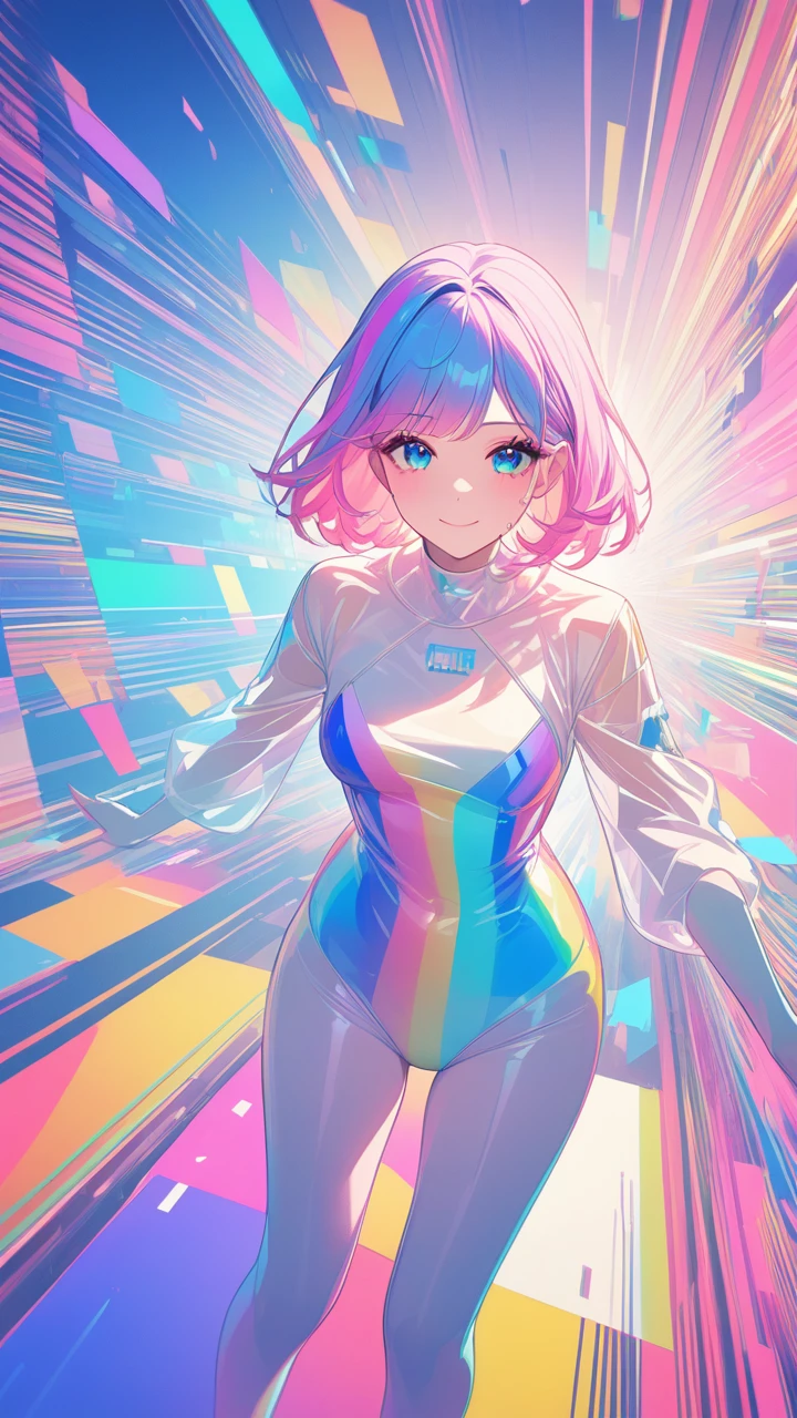 masterpiece, best quality, super wide angle, finger audience, 1girl,bodysuit ,pink and blue hair, hand, cute anime face, tears, transparent color PVC clothing, transparent color vinyl clothing, whole body, glitchlump}onface, smile,medium hair, film grain, lens flare, colorful,chromati caberration, dynamicpov, closed mouth, Intense emotional expression:death, glitchart, ultra detailed, extremely delicate and beautiful, album cover, album, album description, Pixilation on face, Double exposure, Chromatic Aberration, Light leaks, Noise and grain, Color degradation, Glitch lettering, art, abstractart, geometry, clear lines, squares, bright, limited palette,{canonical composition}, neat diagonal striped background, {{blue with white striped background}},{limited palette}, flatvcolored,blue and white,