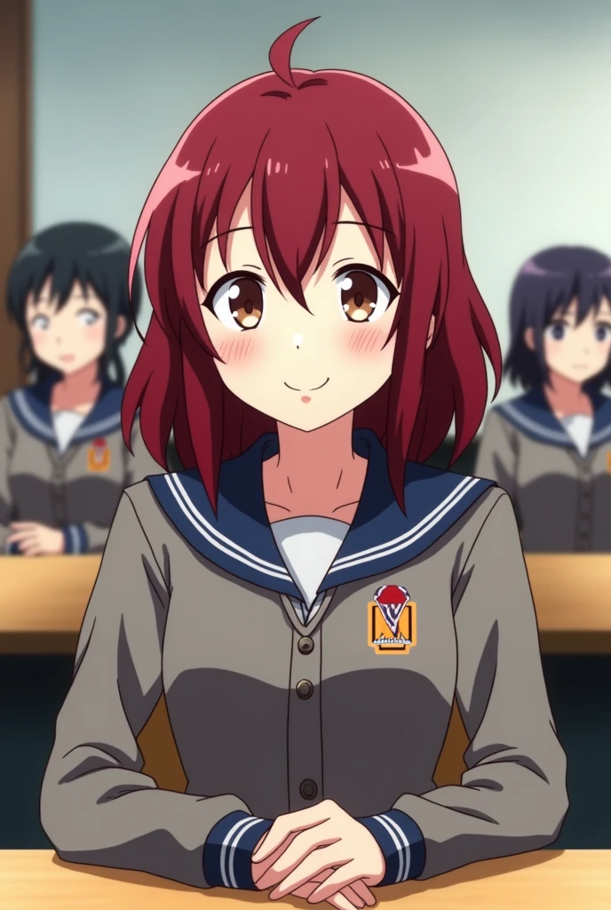 Boku no hero academia screenshot.
Girl with semi-wavy dark red medium hair.
He has brown eyes and slightly red lips, and he has a friendly expression.. She is wearing the UA uniform and in the background she has a UA school class and she is sitting at a table.