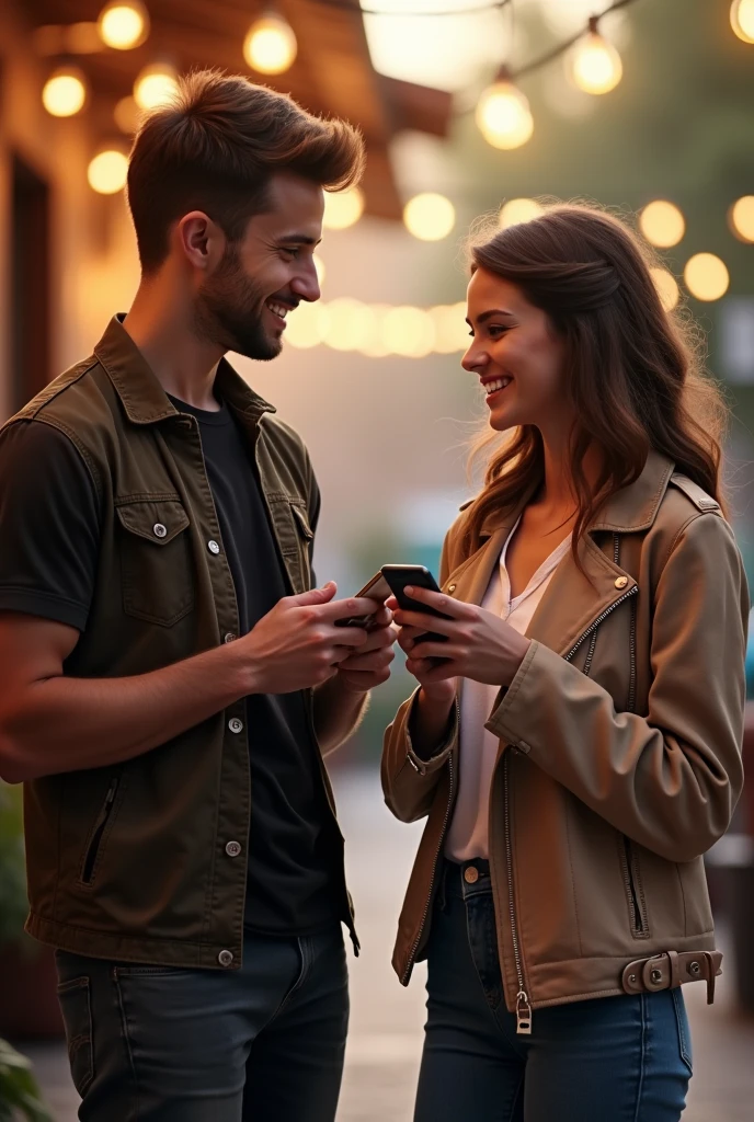 Create a digital image of a visually appealing and realistic scene that depicts two young couples, each composed of a man and a woman, Standing or sitting together, talking while using their mobile phones. Couples should be dressed in modern and casual attire, suitable for a contemporary environment. Make sure the image is of high quality, well lit and visually appealing. The focus should be on the couples' facial expressions, in body language and the devices they are using to convey a sense of conversation and connectivity.”