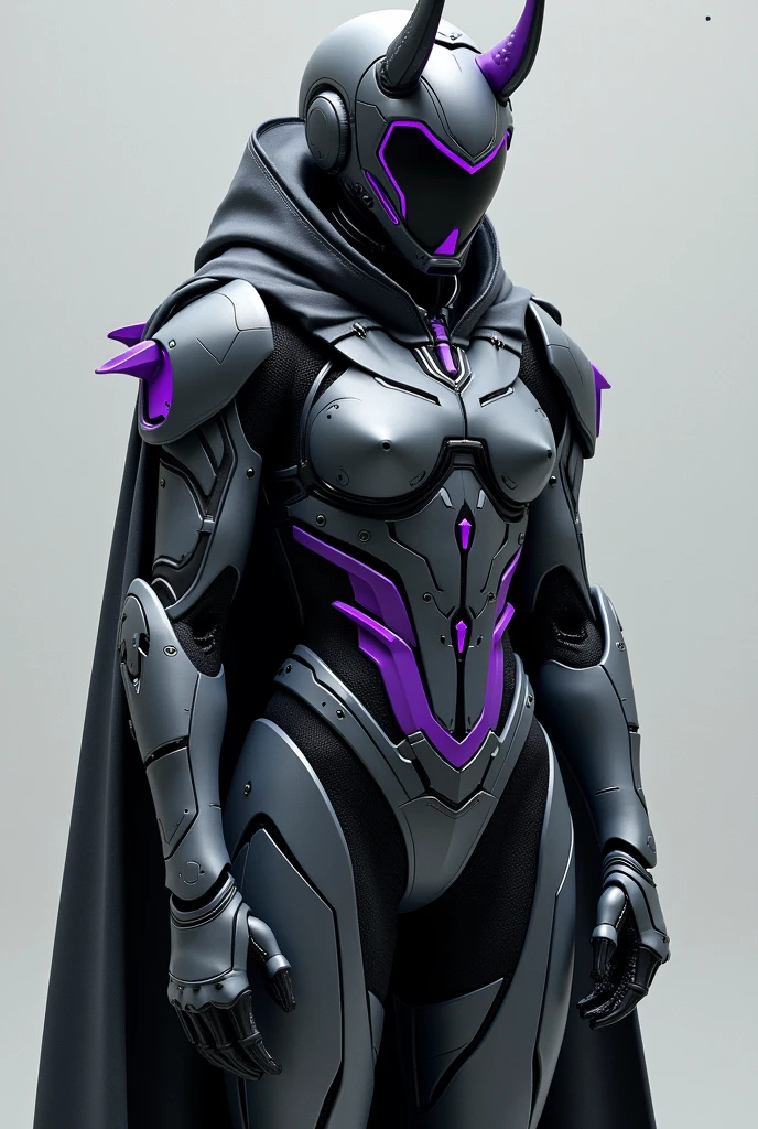 A futuristic cybernetic suit, Dark grey with dark touches and purple highlights, with small strips of black fabric, and a helmet to match the suit and a small purple visor and the armored mouth part and small horns, that the bearer be about   (that it is fully visible in the image)