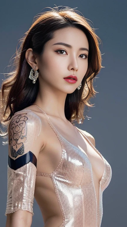 Anime-style woman, thin, thin, whole body, Full of tattoos, Lots of earrings, Beautiful and shiny hair, Rainbow Eyes, Slanted Eyes, Wavy Hair, Kind and charming, shoulderを露出させる, Delicate and sexy collarbone, Attractive oval face, double eyelid, Pink Lips, Small Nose, Concentrated face, Ultra-high resolution, Very detailed, Graceful posture, Nice, ultra-thin, See through, Dark brown,Rhinestone-studded solo mesh catsuit,(arm、shoulder、Tribal tattoo pattern body paint on chest),Glowing Skin, Realistic Background, sunlight,(From below:1.3),(Looking down, Display in viewer:1.3)