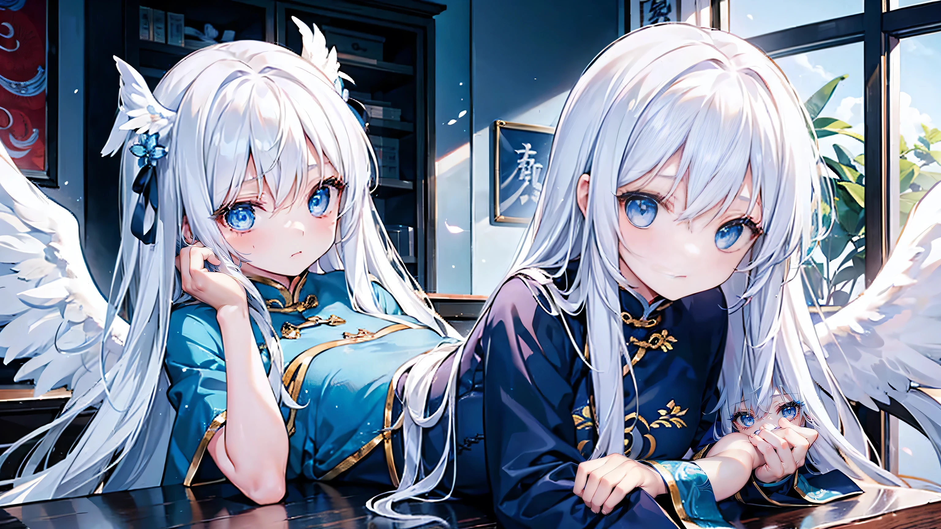 A girl with long white hair and blue eyes、19 years old、Angel wings on the back、A blue cheongsam、Kung Fu Pose、Lying face down on a desk while sitting on a chair、Are depressed、Comical touch