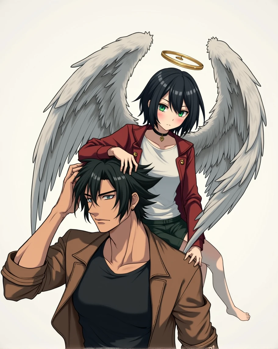 2 people. 1 A guy with long black hair, gray eyes in a black T-shirt and brown jacket, Beautiful face, beautiful body, 2 a girl with angel wings sits on his shoulder black short hair to shoulders, green eyes, anime art, masterpiece, realistically