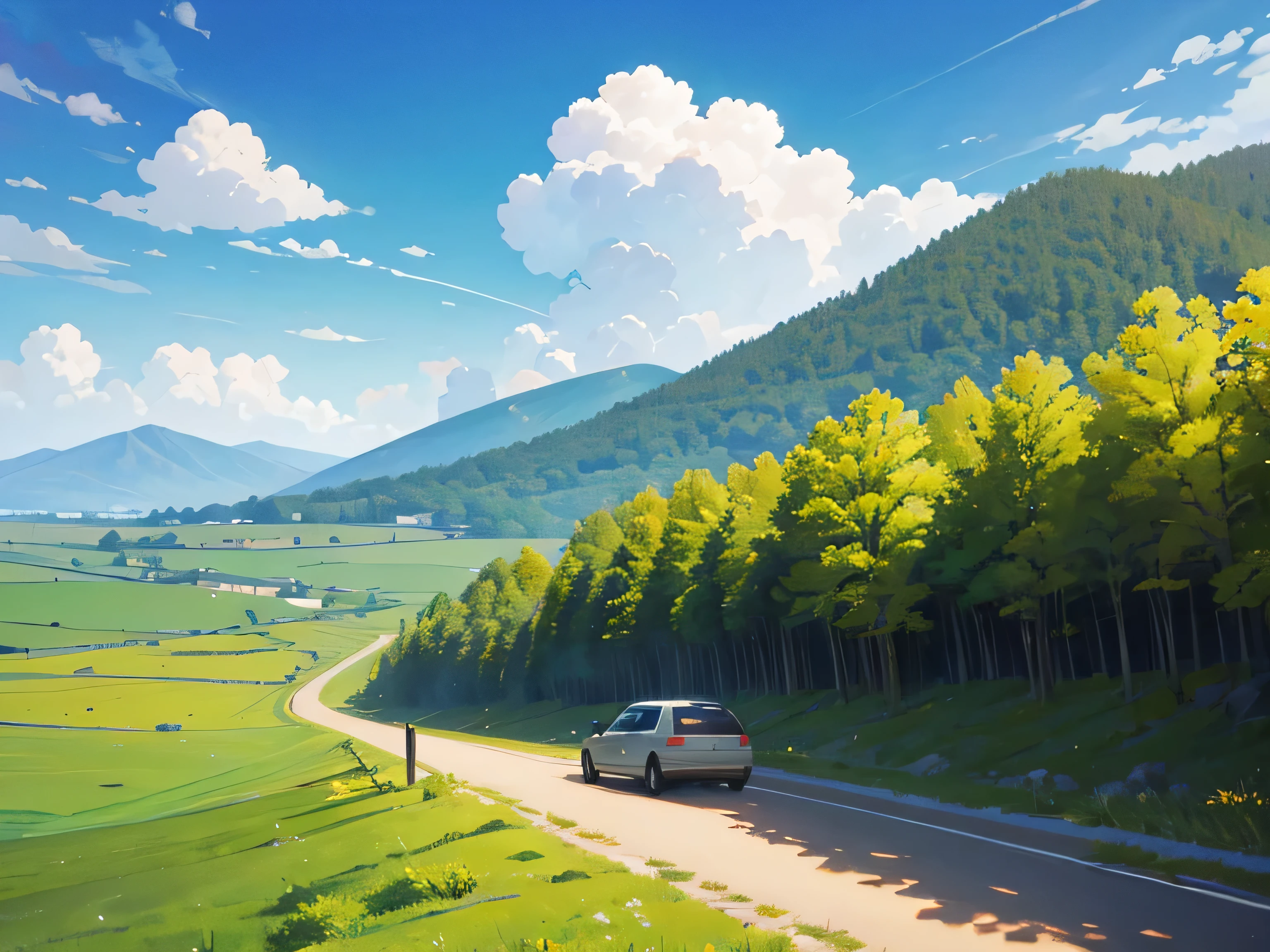 An illustration depicting the American countryside in an anime style
