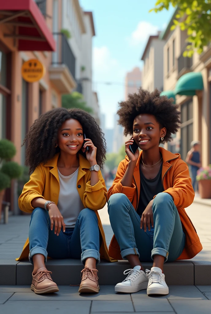 Create an image of a scene where two young couples, each composed of two adults, they are talking on the phone, but located in different cities. The image should depict a realistic and contemporary urban setting, with each couple sitting or standing in a distinct location, like a city park, a cafe or a living room. Make sure the characters are diverse in terms of race, gender and clothing, and that the conversation on each phone seems personal and casual. The image should be created in a vivid style, detailed and high quality, with attention to lighting, to textures and environment.”
