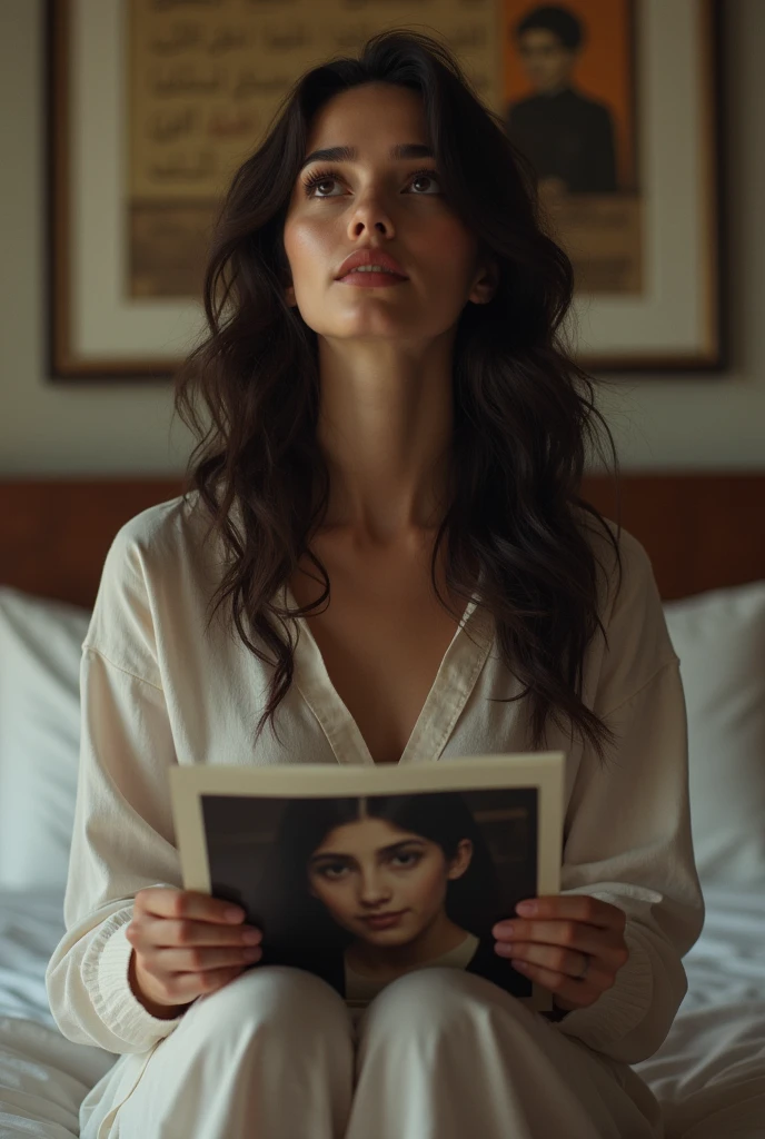 Une femme brune, cheveux de couleurs noirs, de forme physique pas mince, pas ronde non plus. De forme physique normale. Assise sur un lit dans un hôtel, la tête levée, portant dans ses mains une grande photo et derrière elle, sur le mur, se trouvant un tableau une écriture en arabe sur le tableau accroché au mur