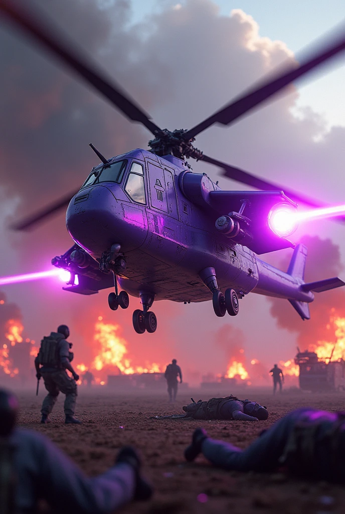 Purple helicopter shooting machine guns at tanks, battlefield background, fire everywhere, dead soldiers on the ground