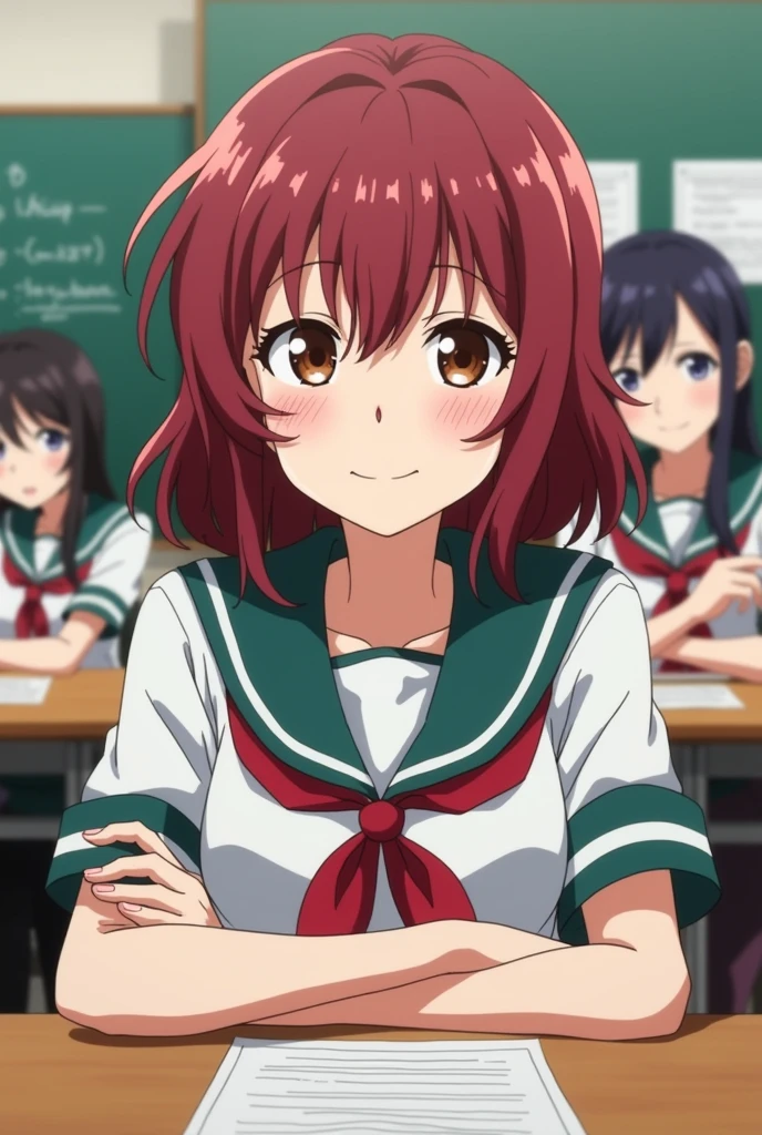 Boku no hero academia screenshot.
girl with semi-wavy dark reddish hair that's not very long.
He has brown eyes and slightly red lips, and he has a friendly expression.. She is wearing the UA uniform and in the background she has a UA school class and she is sitting at a table.