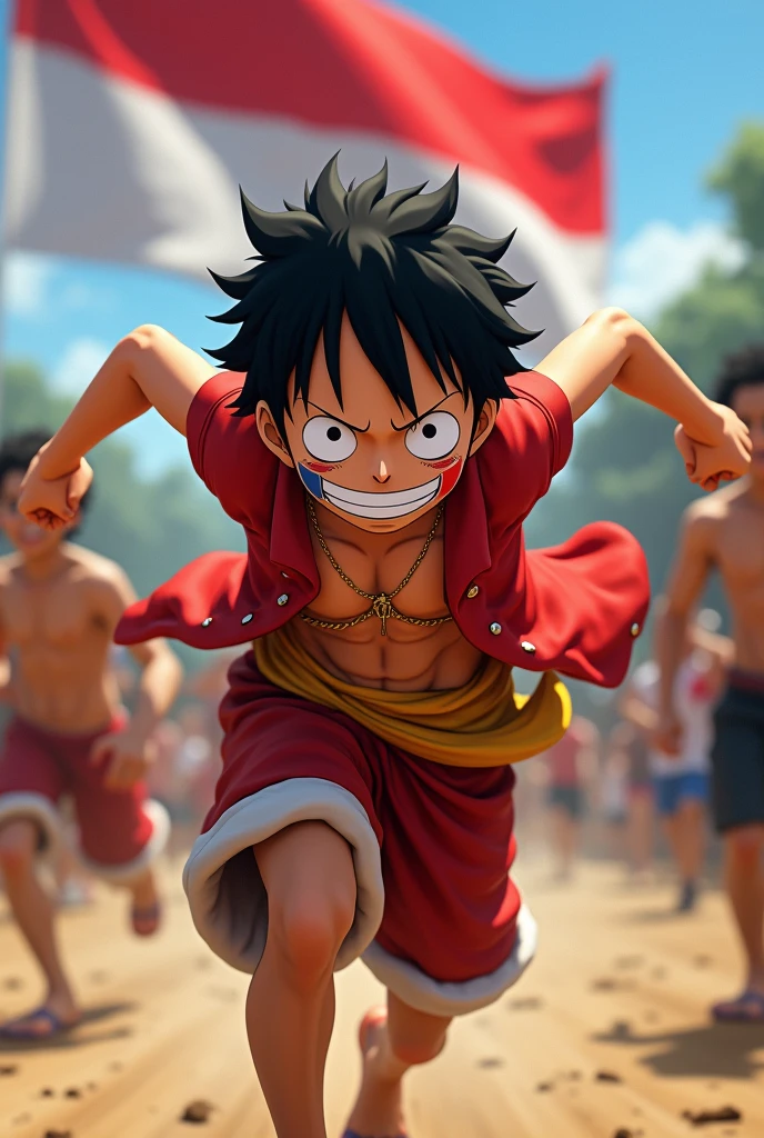 (photorealism:1.2), monkey d-luffy, baju warna merah dan putih, bendera Indonesia, dipipi cap bendera Indonesia, loba balap karung.