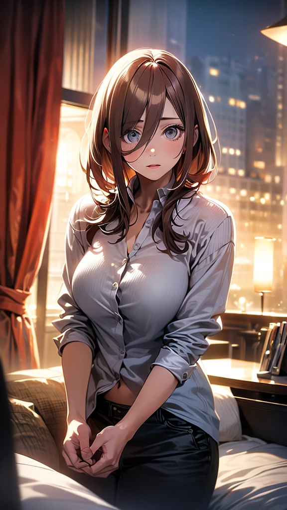 realistic, Two Women、胸を揉んでいる、A painting of two women gazing at each other、お尻を向けている、female up、Two women kiss、Women are lined up.、The entanglement of women、The bodies of two women、Both have big breasts、dramatic, sensuous, highly detailed portrait of a beautiful young woman with long reddish brown hair, big blue eyes with long eyelashes, detailed facial features, smooth vibrant anime-style skin texture, perfect busty figure, confident and attractive pose, white panties visible, hotel room night view, soft lighting, romantic and sensuous atmosphere, (best quality, 4K, 8k, highres, masterpiece:1.2), ultra-detailed, (realistic, photorealistic, photo-realistic:1.37), HDR, uhd, studio lighting, ultra-fine painting, sharp focus, physically-based rendering, extreme detail description, professional, vivid colors, bokeh, portraiture, anime