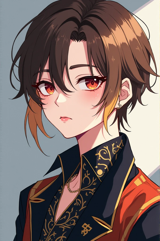 Generate an anime-style image of a 17-year-old boy, with fair skin and brown hair with a slight blonde gradient, If possible, he should have makeup, and an alternative style similar to vkei