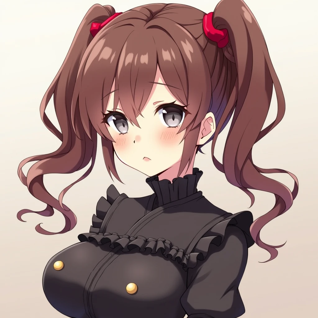 Brown Hair　Permanent twin tails
Parallel eyes with gray pupils
Mature-looking
Large breasts
Dark clothes with frills, cute
Quiet
Japanese anime-style