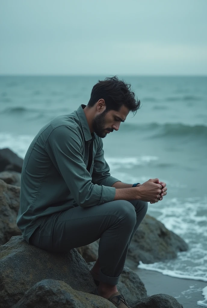 A man fail in love. He do not speak frequently. He is loves the girl but hate the same one as well. Now he is sitting at the edge of the sea and hoping to that the girl is standing in back of him.