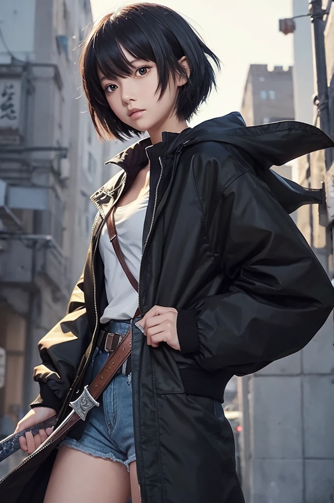 Illustration with anime touch、With black short hair and wearing a large jacket.、Holding a big sword