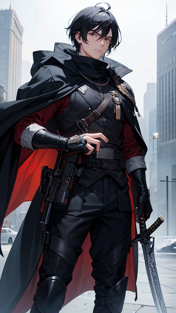 A man, holding a sword and a gun, wearing a cloak and high-tech gear.